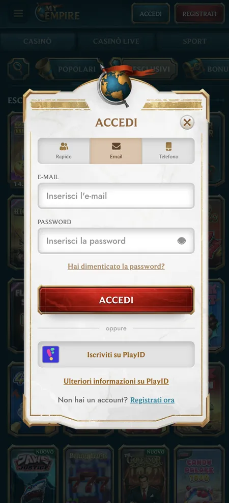 Schermata login MyEmpire Casino con vkeyboarde Email e Telefono