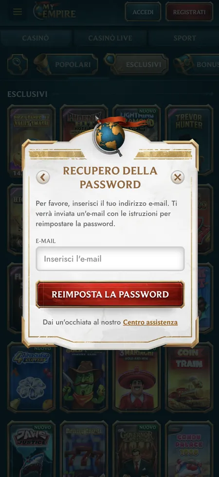 Schermata recupero password con campo email e pulsante Reimposta la password