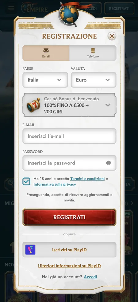 Modulo registrazione MyEmpire Casino con selezione bonus e campo email